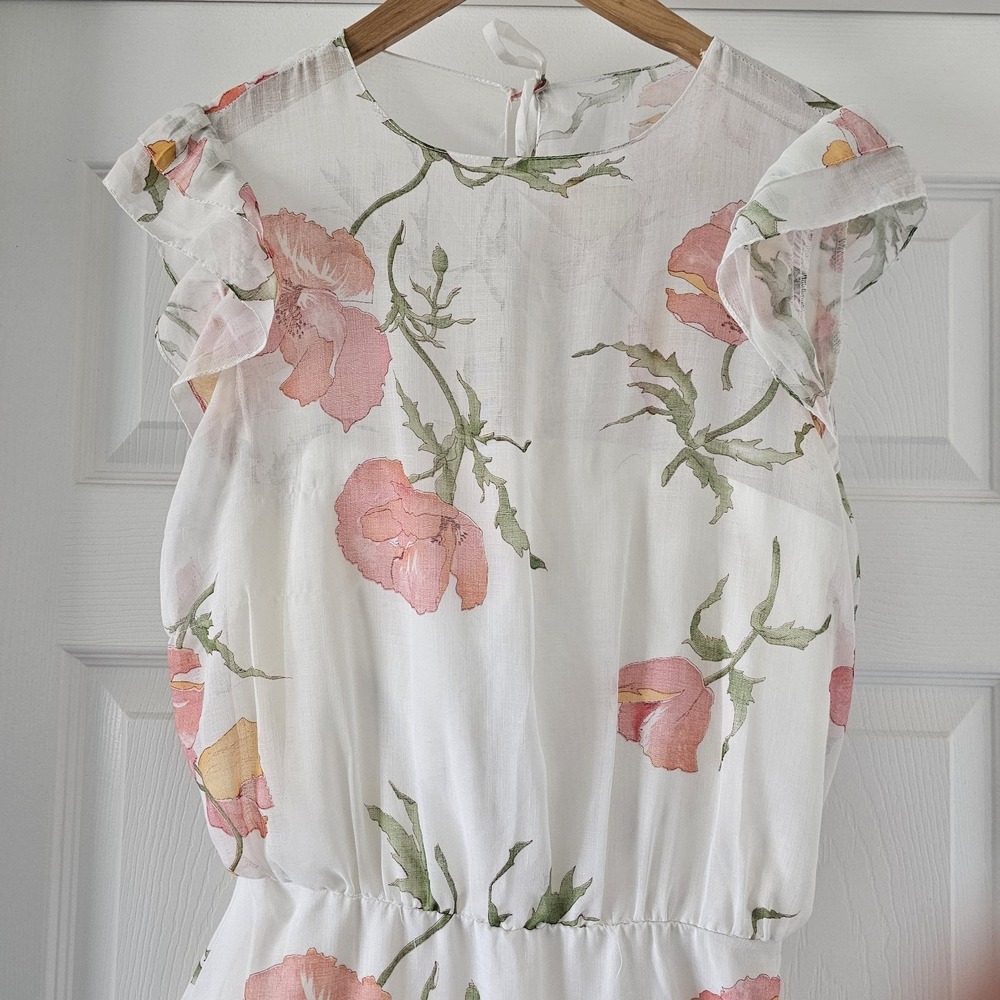 1970s 70s Vintage Dessy Creations Illusion Bodice Maxi Dress Poppy Floral #14 - Picture 4 of 16